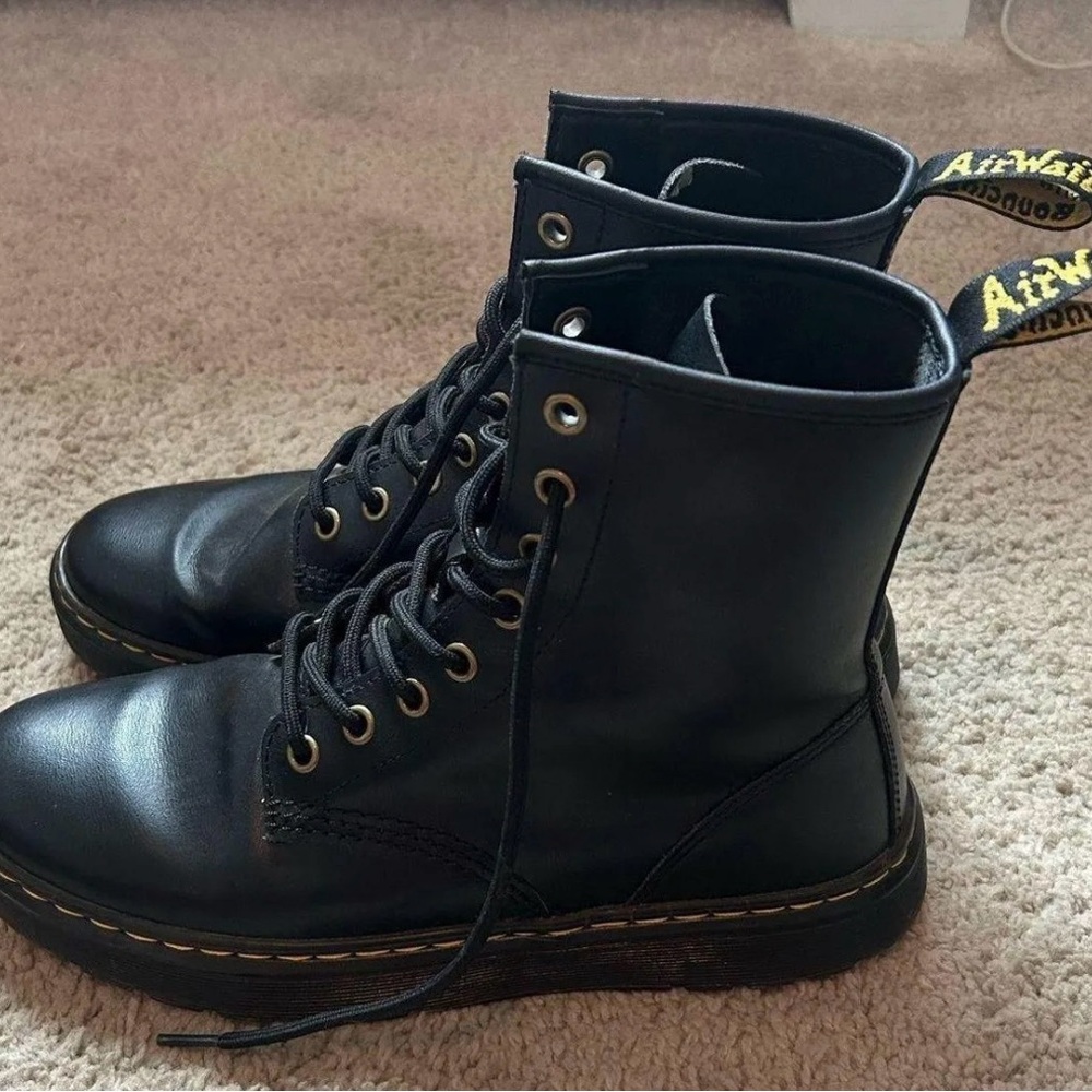 Dr. Martens Black Leather Boots with Yellow Stitching